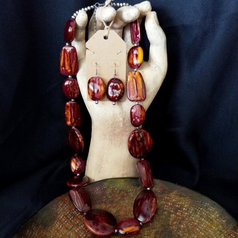 Vintage Costume Jewelry Silver w/Faux Mookaite Jasper Cabochon Large Beads Set
